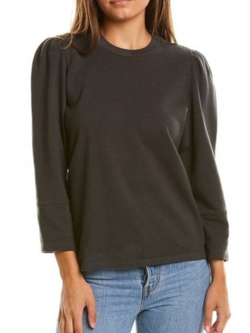 Monrow Women’s Puff Tuck Sleeve Tuck Top Crew Neck Sweatshirt Gray Size Small